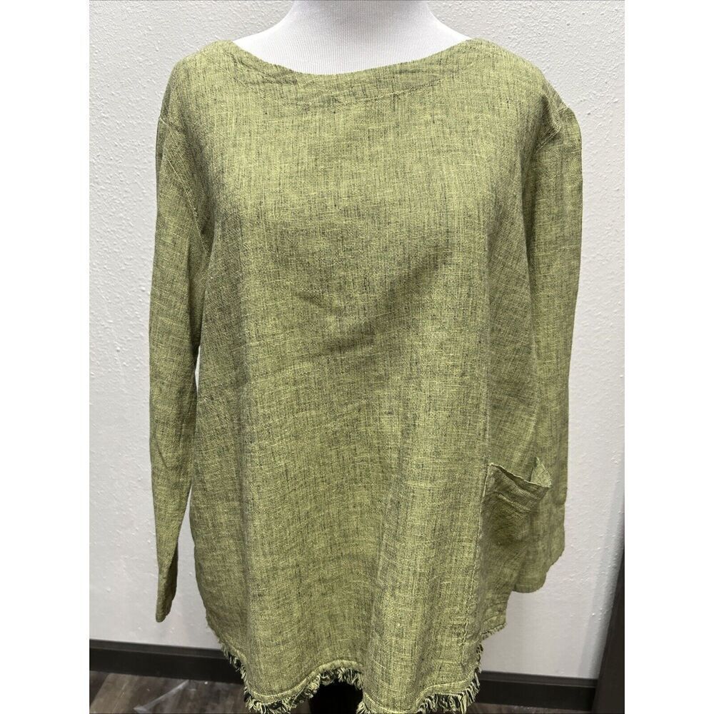 Cut Loose Top Womens Green Linen Blend Oversized Lagenlook Blouse Size M Fringe